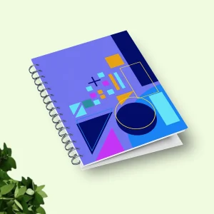 yesilimsi arka plan uzerinde mor renkli spiralli kitapcik, spiralli kitapcik uzerinde geometrik sekiller var, yesilimsi zemin uzerinde mor spiralli kitapcık