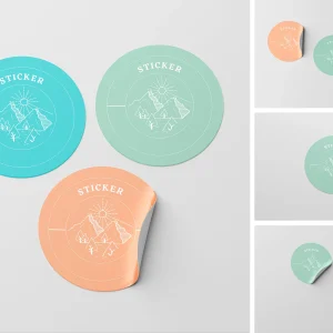 gri zemin uzerinde mavi yesil turuncu yuvarlak sticker etiketler